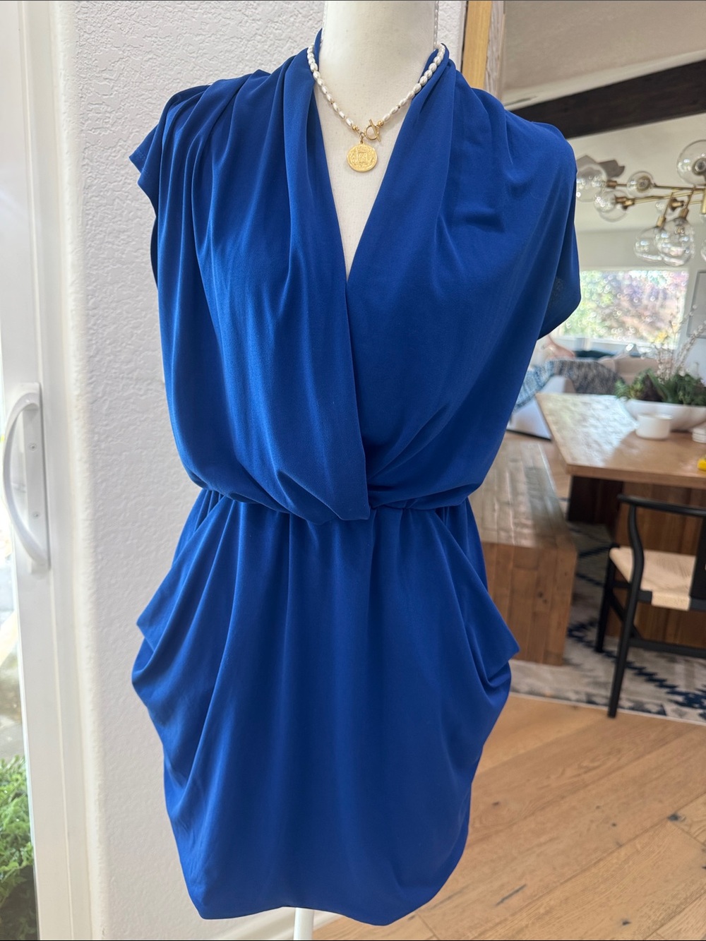 Royal Blue Draped V-Neck Sleeveless Mini Dress SZ Medium 2 pockets